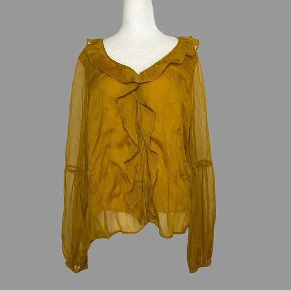 Sunday in Brooklyn Tops - 🤎 L 🤎 Sunday in Brooklyn Feminine Ruffled Long Sleeve Sheer V Neck​